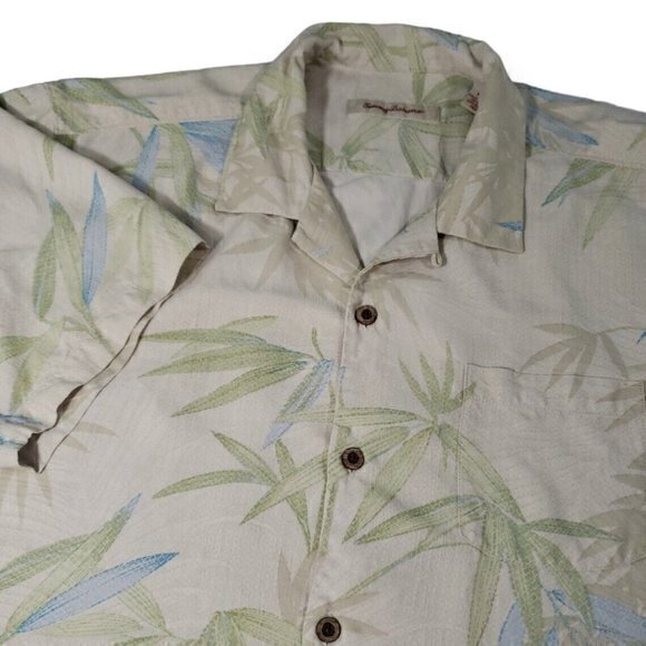Tommy Bahama Mens XL / X-Large 100% Silk Beige Bamboo Jacquard Print Aloha Shirt - Picture 1 of 5